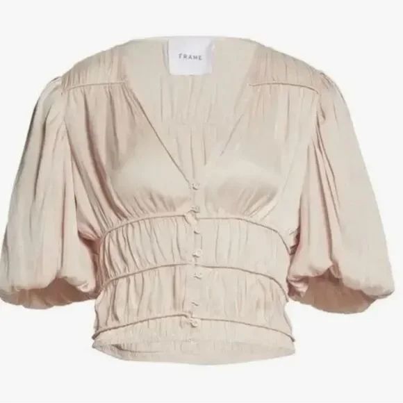 FRAME Julianne BLUSH Top PUFF SLEEVES BLOUSE  - Picture 2 of 6